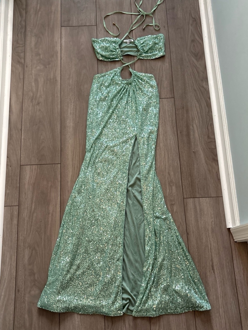 Fashion Nova Auquamarine Sequin Halter Dress